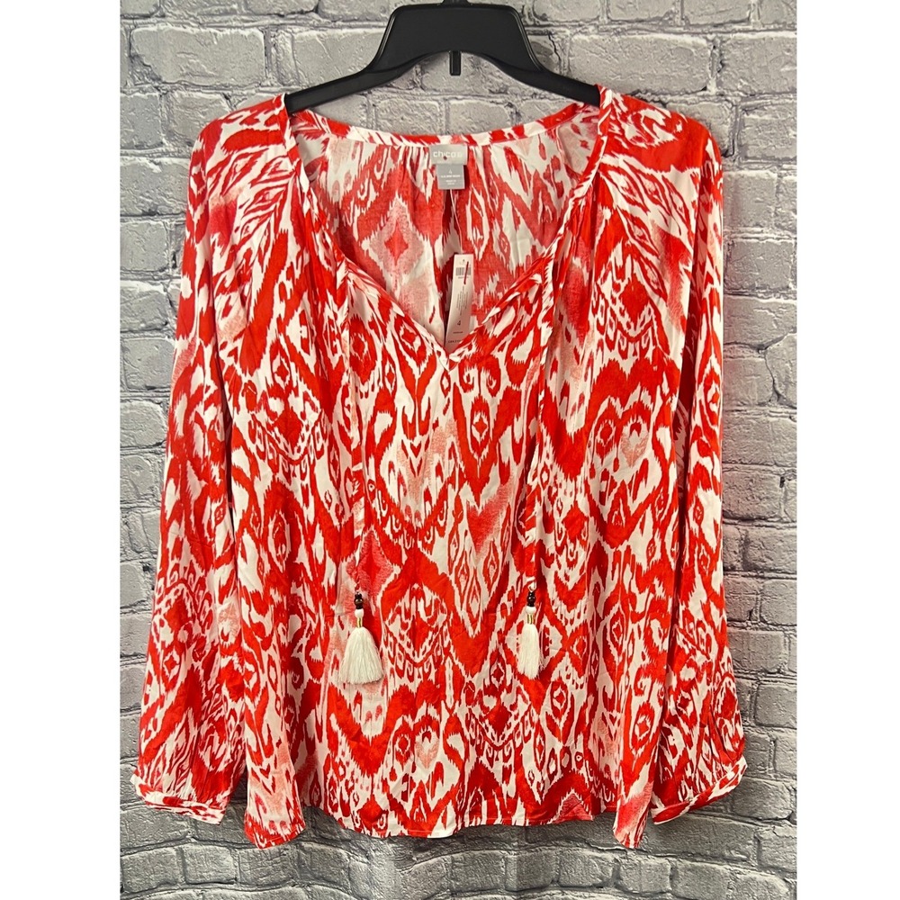 Chico's Popover Top Womens 4 20 Red White Ikat Flare  Tassel Long Sleeve Blouse